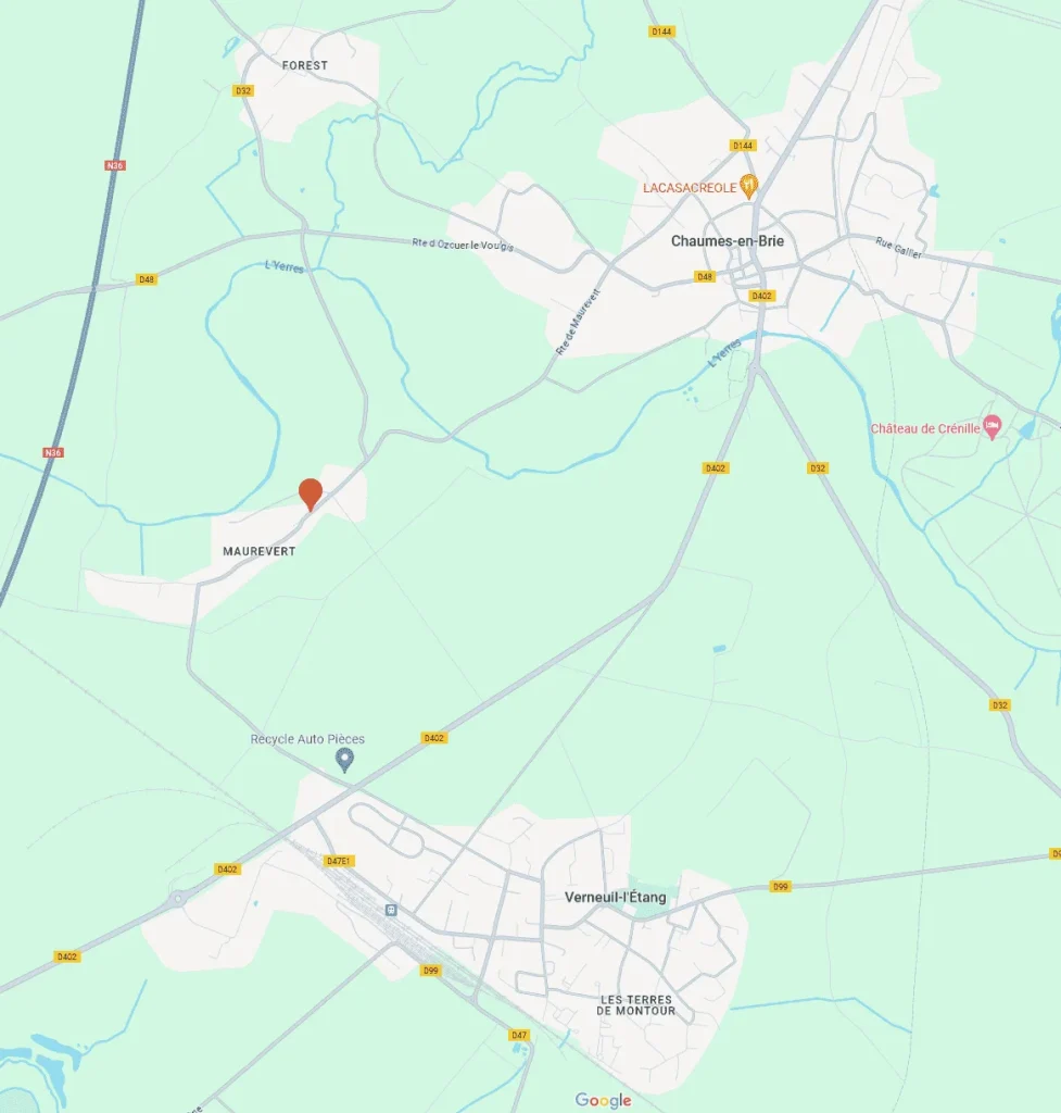 Carte Google Maps affichant mon emplacement en Seine et Marne vers la ville de Chaumes en Brie