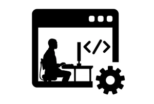 Icone d'une personne qui travail à son bureau, devant un ordinateur, le tout dans un cadre de diapositive